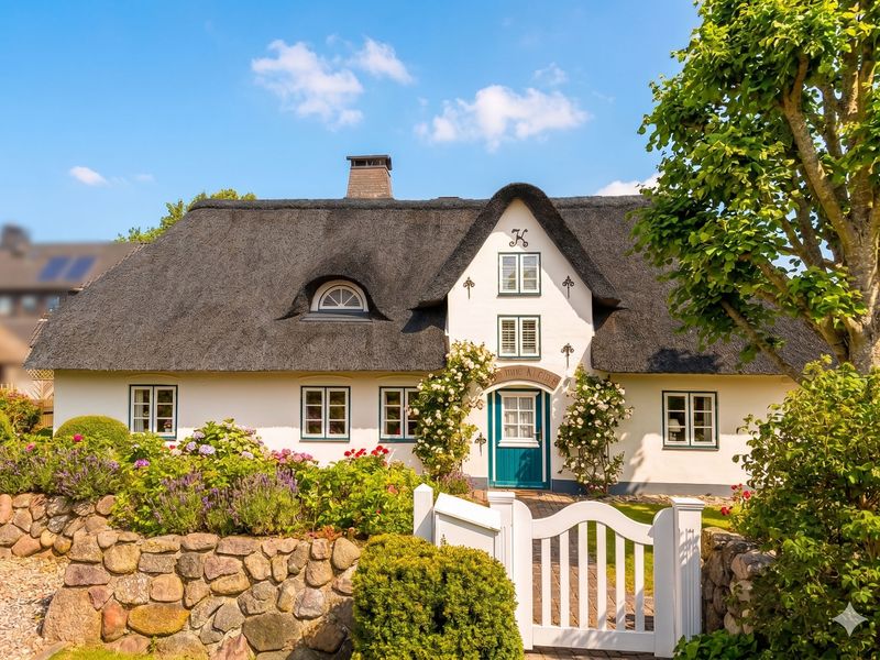 reetgedecktes Friesenhaus in historischer Umgebung